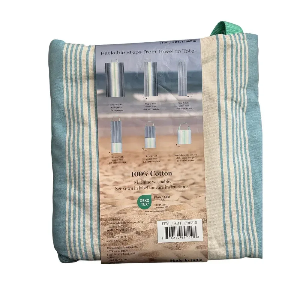 2-in-1 Beach Towel & Tote Bag, 100% Cotton, Striped, 40x72 Multicolor